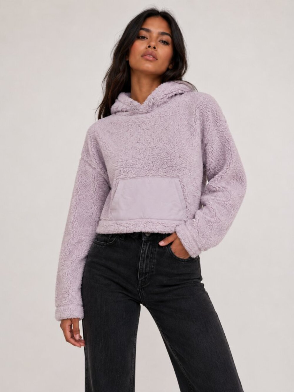 Zella Cassie Faux Shearling Cropped Hoodie Light Purple Teddy Fleece Size XS
